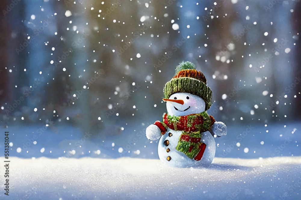 Snowy winter with a snowman.
