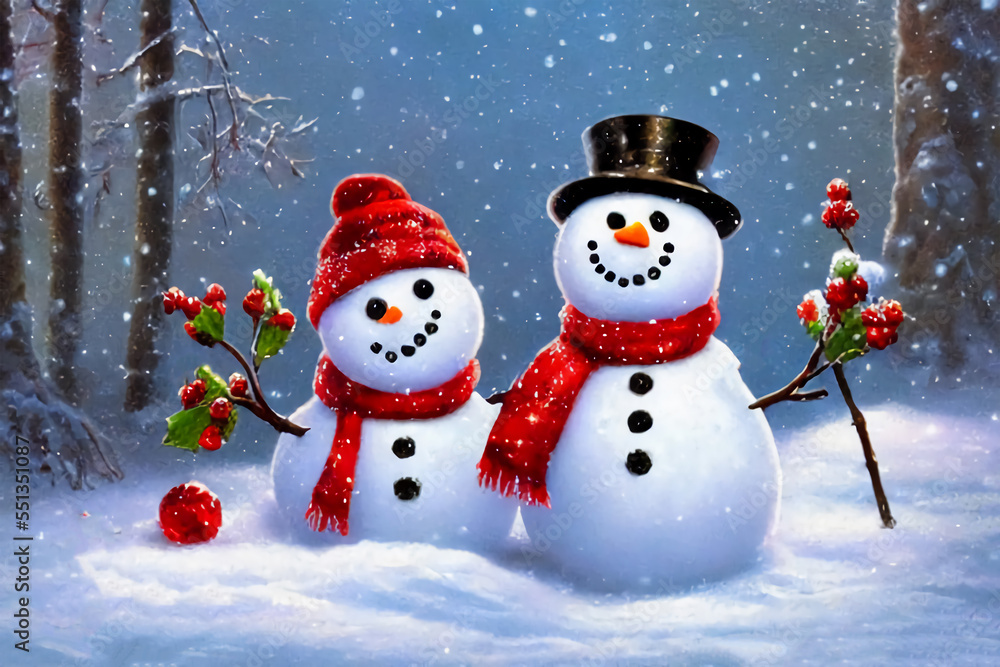 Fototapeta premium Snowy winter with a snowman.
