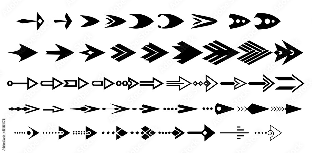 Arrows collection in black color on white background for web design, mobile apps, interface. Modern graphic direction signs, cursor icons. arrow different shapes in modern simple flat style