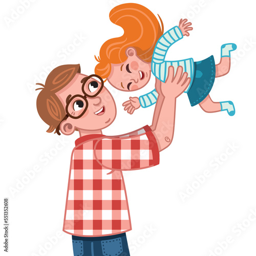Daughter is flying on father’s hands. Vector illustration of a father and daughter having fun time.