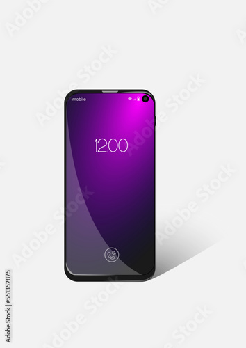 Vector illustration of a mobile phone with dark blue and purple screen turned on on light gray background