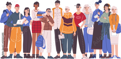Adolescent group. Traditional university students or school classmates, teenager multicultural community highschool, diverse modern college teen people, recent vector illustration
