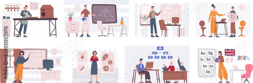 Professors lectures at blackboard. Teachers work on lessons in primary school or university, academic lecturer professor tutoring math chemistry biology, recent vector illustration