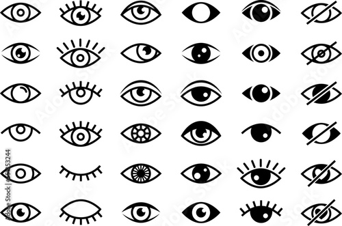 Beautiful black eyes icons collection. Images of open and closed eyes, vector observation and search signs