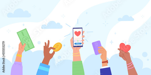 Charitable mobile donation. Online phone app charity, food and money internet donations hands with smartphone giving gift share contribution digital help concept vector illustration