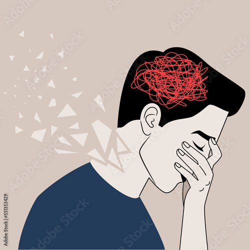 Depressed adult man with confused thoughts holds the head with her hand. The concept of mental illness. The neck is broken, support in life