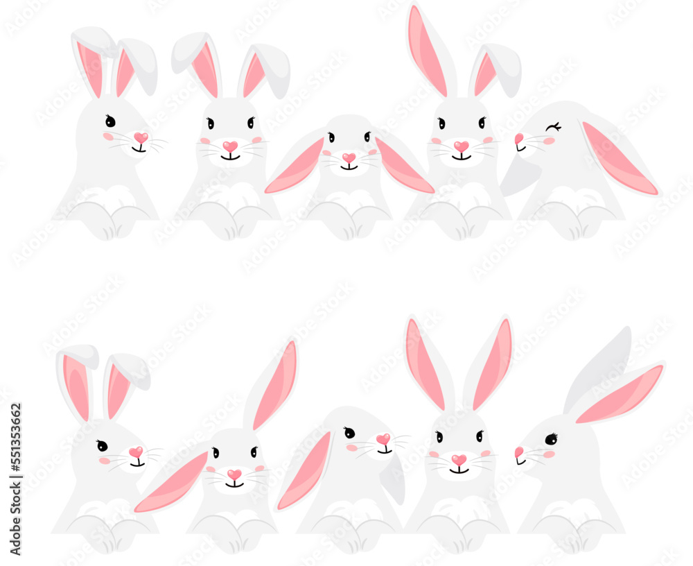 Funny bunny pets collection for your design. Chinese new year symbol. White furry hares isolated on white background. Vector illustration of cartoon cute easter characters rabbits Funny bunny pets collection for your design. Chinese new year symbol. White furry hares isolated on white background. Vector illustration of cartoon cute easter characters rabbits