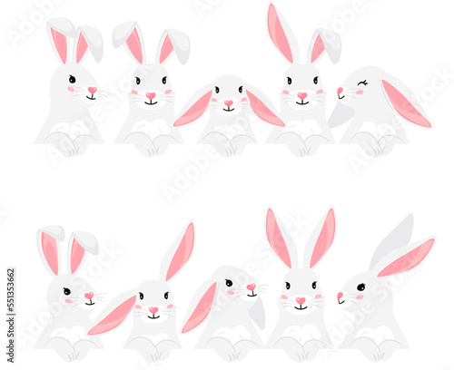 Funny bunny pets collection for your design. Chinese new year symbol. White furry hares isolated on white background. Vector illustration of cartoon cute easter characters rabbits