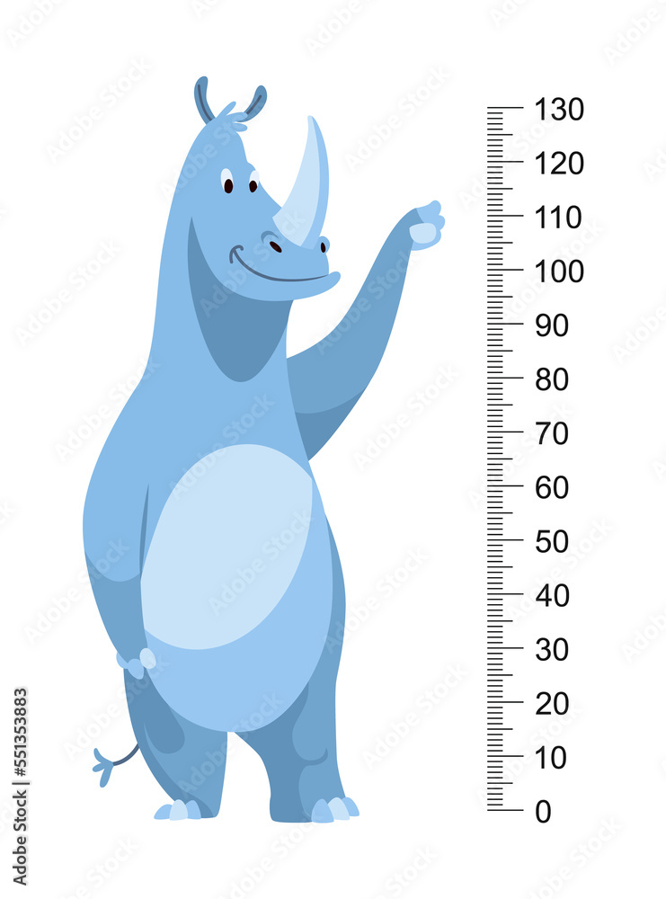 Height measure with growth ruler chart with cute cartoon rhinoceros