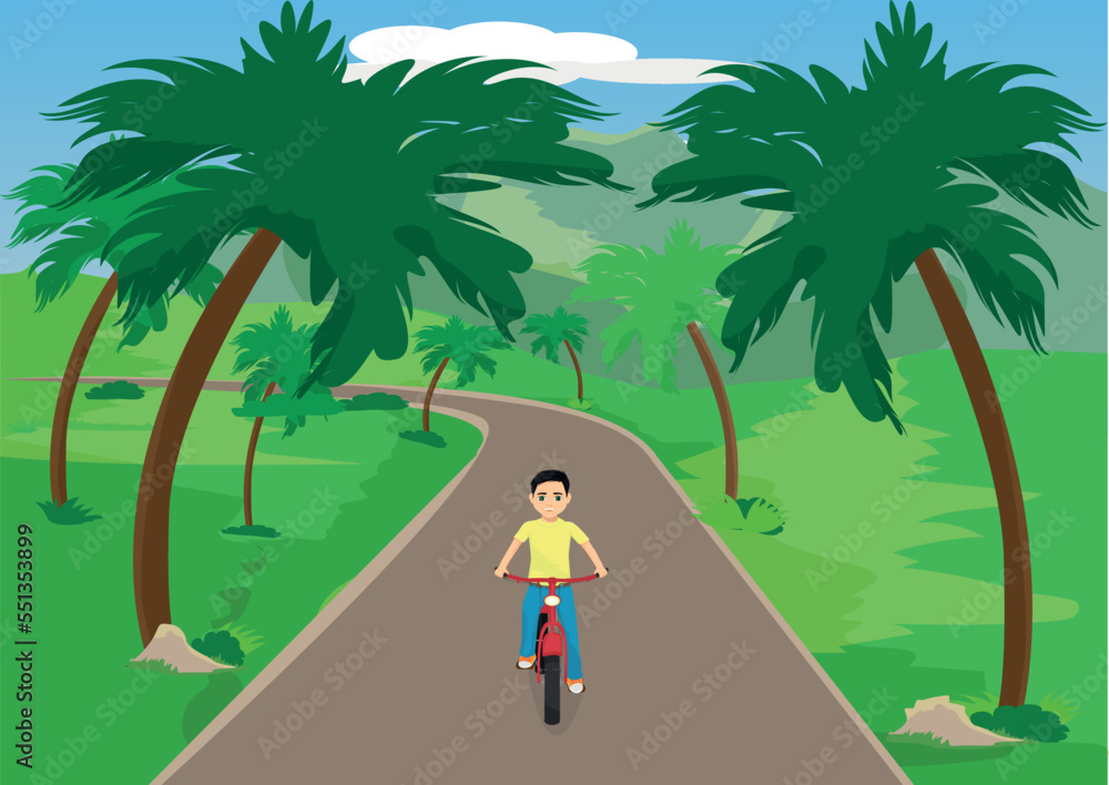 among the trees
 and boy cycling on dirt road
