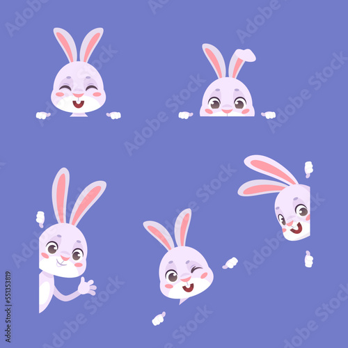 Hiding rabbits. Peeking easter rabbit, cute bunny peek from hole, cartoon animal with space for text banners border or frame in funny paw, kid boo gift pet vector illustration
