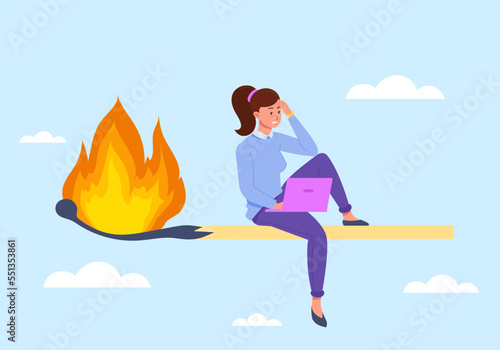 Inefficient woman. Lazy employee time pressured, burn deadline concept, disorganized person with laptop on burning match, overtime workplace late timing stress vector illustration