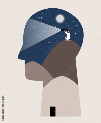 Person head inside which the psychologist highlights the solution to the problem with a lantern. Patient psychotherapy. Solving psychological problems