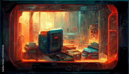 Cyberpunk fantasy desktop pc in the room sunset view design illustration