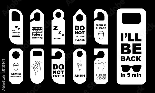 White different door handle hanger set. Room hotel hanger sign icons collection template isolated. Labels on hostel room door vector illustration