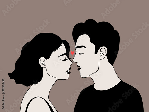 Young man and woman feel in love. Beautiful couple have close intimate bonding moment. Good relationships concept. Flat style vector illustration of romantic character people