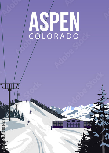 Travel resort Aspen Ski poster vintage. Colorado USA winter landscape travel card