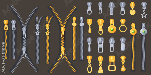 Zipper clasp. Zippers slider for leather textile or clothes buckle, metallic gold or silver zip pull, lock fastener dress puller jeans cloth accessories, neat vector illustration