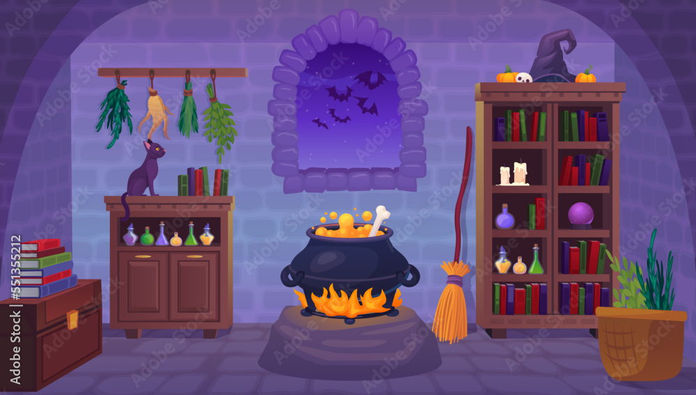 Obraz premium Witch room. Witches interior inside magic house or horror cellar indoors mystery castle, cartoon wizard home scary basement with cauldron, halloween ingenious vector illustration