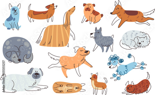 Outline pretty dogs. Doodle action puppys watercolor line dog funny kids pet cartoon cute animals, smile drawing labrador painting pets design, set ingenious vector illustration