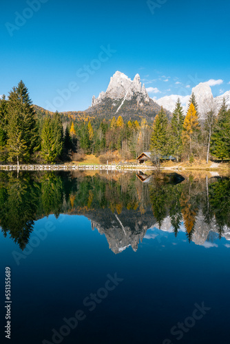 Mountain lake in the Alps with mirror reflections