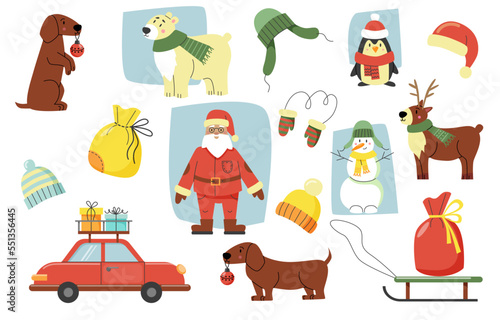 Flat vector set of Christmas characters: Santa Claus, Snowmen, Polar bear, Penguin, Deer, Dog, Red car with gifts isolated on white