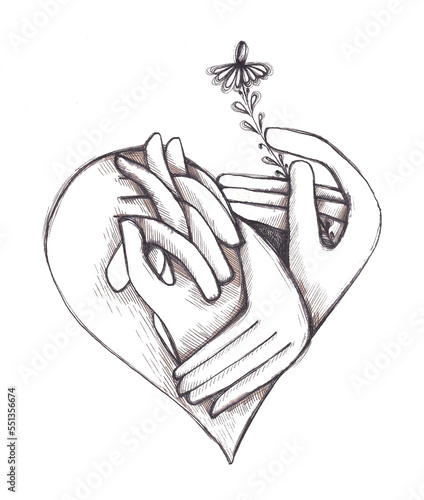 Heart of hands with flower, peace and love message. photo