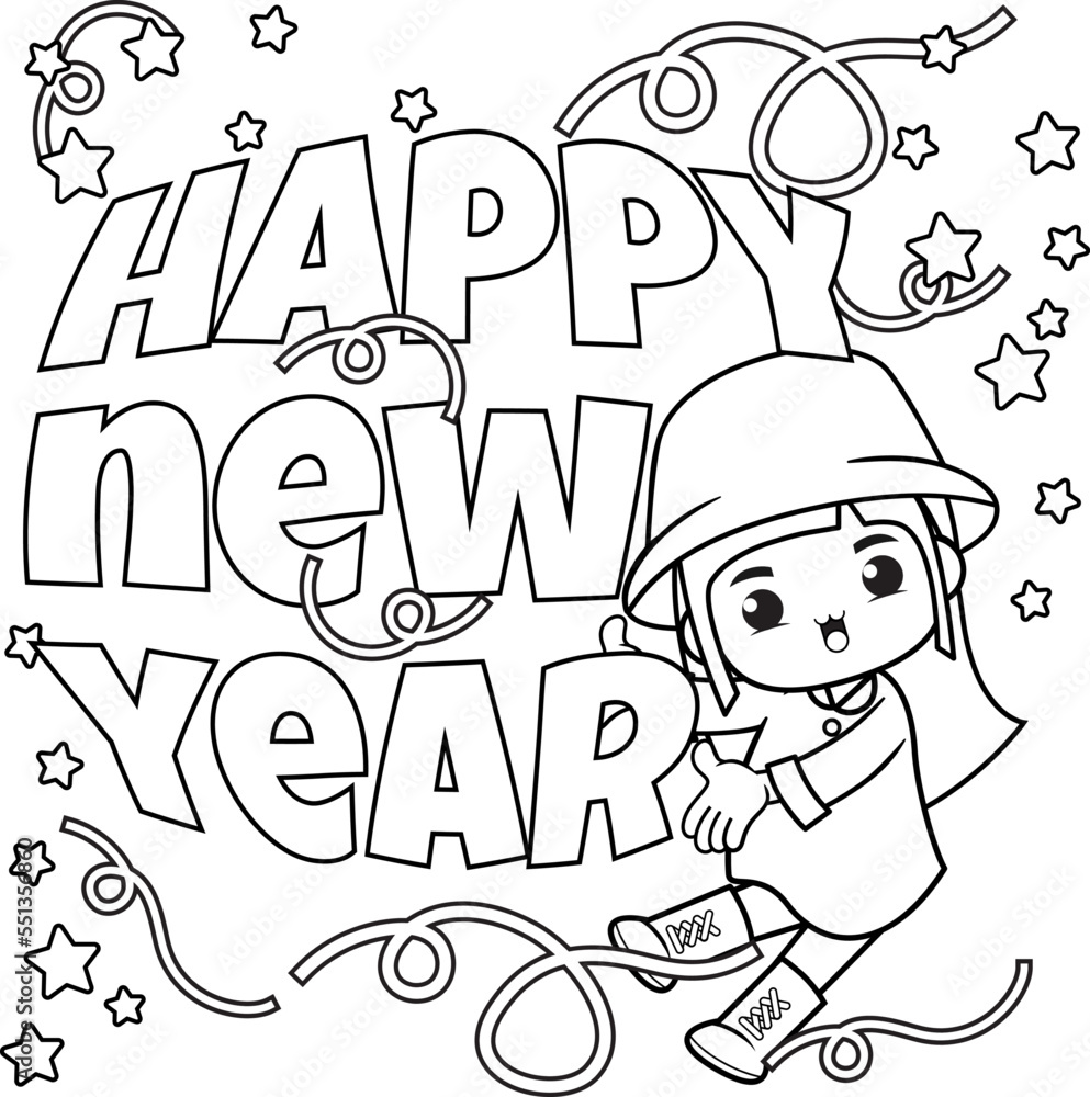 Happy new year coloring book with cute girl