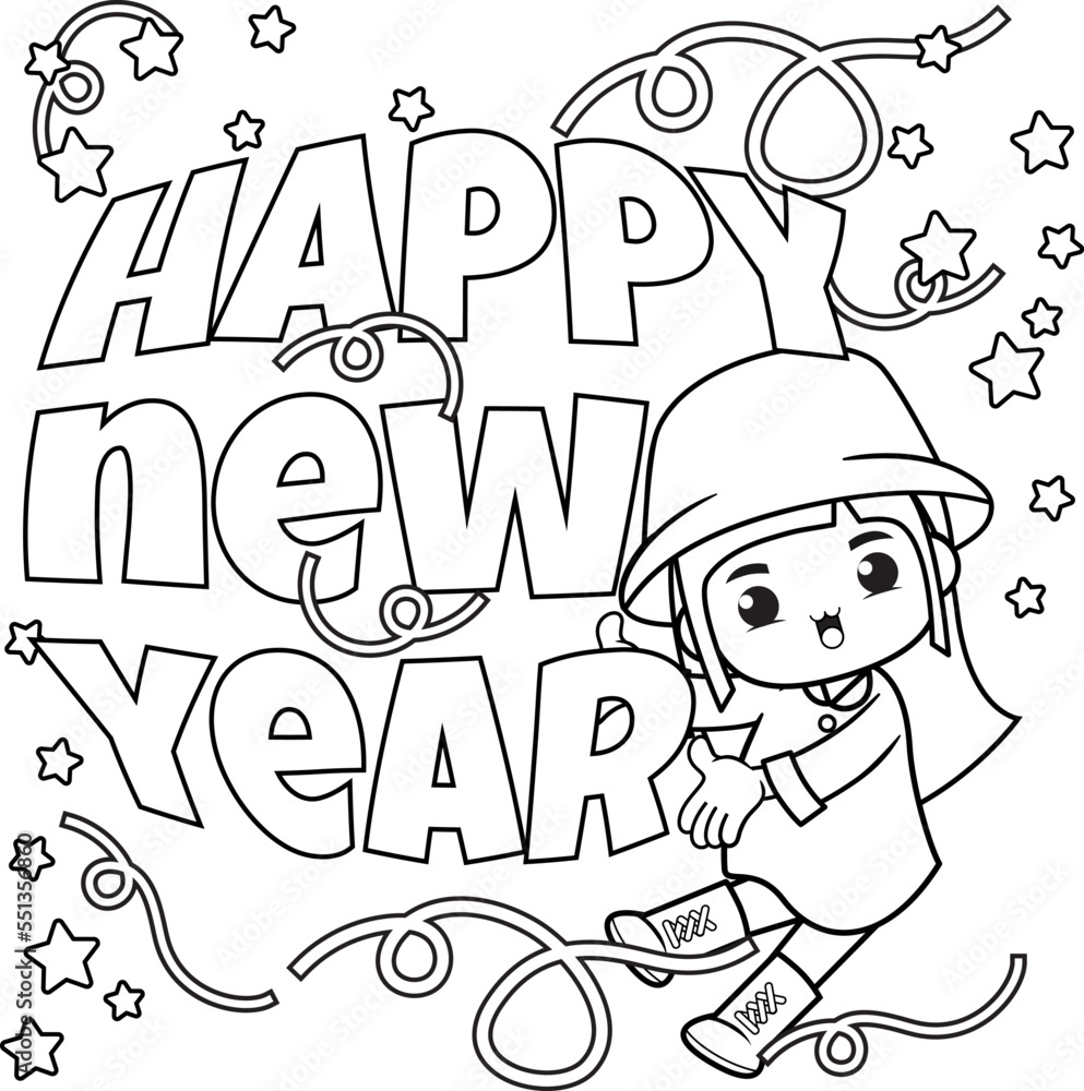 Obraz premium Happy new year coloring book with cute girl