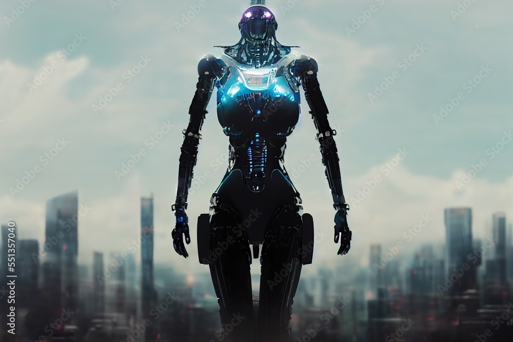 Naklejka premium android robot in the city, total disaster made by robots