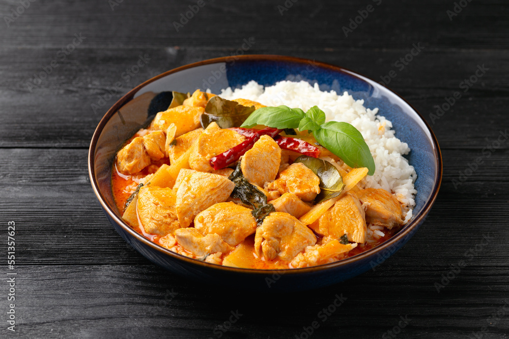 Thai red curry with chicken, vegetables and rice Thai red curry with chicken, vegetables and rice