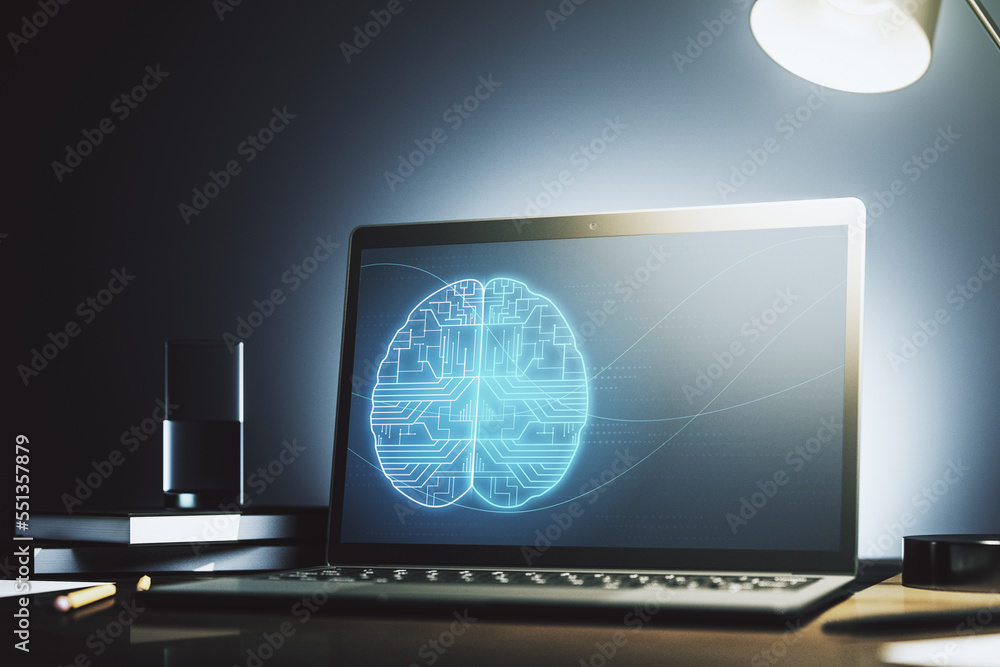 Modern computer display with creative human brain microcircuit. Future technology and AI concept. 3D Rendering Modern computer display with creative human brain microcircuit. Future technology and AI concept. 3D Rendering