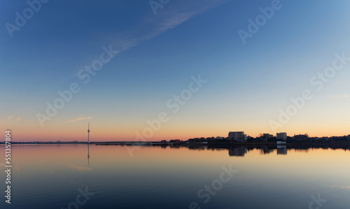 View with Techirghiol lake and Eforie city at sunset in Romania