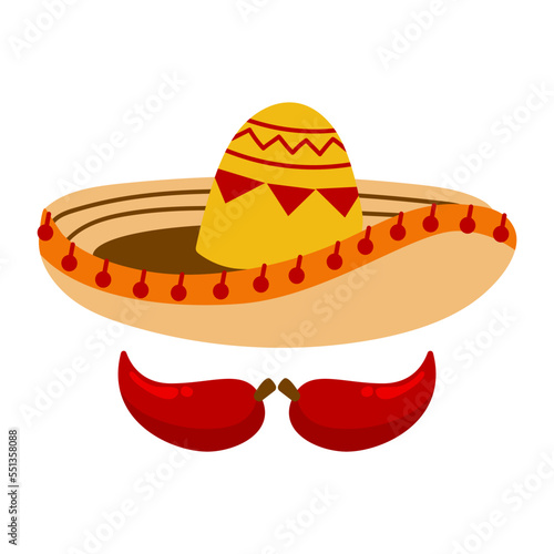 Elements of Mexican culture, sombrero and hot peppers. Vector illustration isolated on white background
