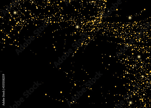 Gold glitter confetti on a black background. Shiny particles scattered, sand. Decorative element. Luxury background for your design, cards, invitations, vector