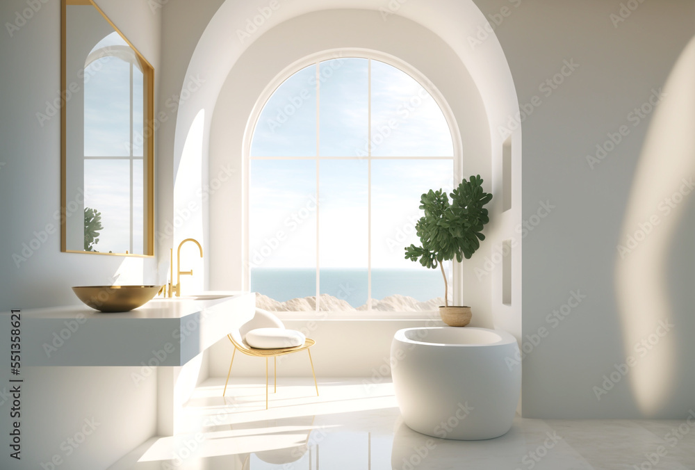 Minimalist Modern Bathroom Sea View, House Sea View, 3D illustration Scandinavian Interior Design, Luxury Hotel Ocean View