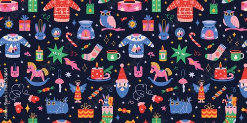 Christmas seamless pattern with cute winter cozy elements in bright color on a black background, cartoon style. Trendy modern vector illustration, hand drawn, flat