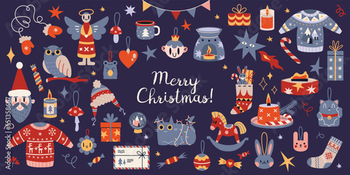 Collection of New Year and Christmas attributes, cartoon style. Set of traditional winter holidays symbols. Xmas decorations, clothes, toys and gifts. Trendy modern vector illustration, flat