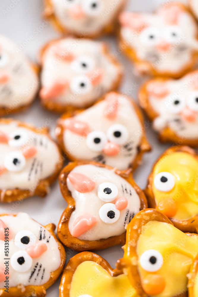 Fototapeta premium Easter Chocolate Covered Pretzel Bunnies and Ducklings