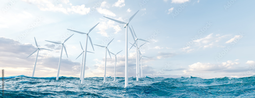 Wind turbines in waving sea. 3D render - obrazy, fototapety, plakaty 