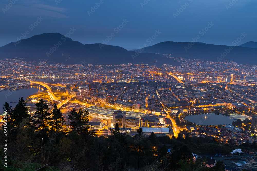 Panoramic view of Bergen (Norway) at night
