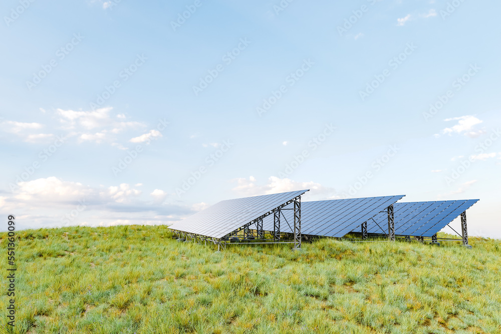 Solar panels in grassy field. 3D render