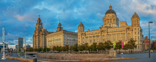 Liverpool, England. The Three Graces' part of Liverpool Maritime Mercantile City. On the left is the Royal Liver Building, in the centre is the Cunard Building