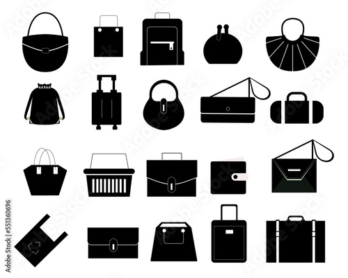 Set of stylish women's handbags - tote, shopper, hobo, bucket, satchel and pouch bags silhouette icon vector illustration.