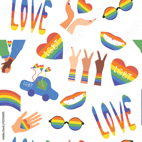 Vector abstract seamless pattern. Hand written pride, love, peace lettering with rainbow. Gay parade. LGBT rights symbol. Isolated. Background, pattern,fabric, textile.