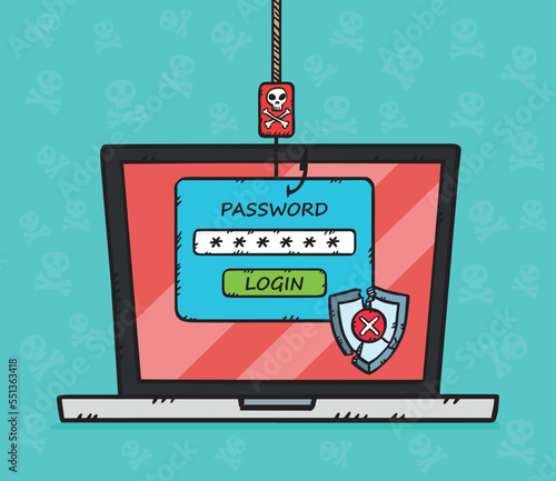 Graphic showing phishing and hacking attack during user login. The antivirus shield has been shattered giving the hacker access to the data. Vector illustration in cartoon style with black outline