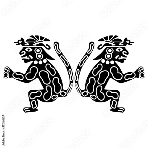 Symmetrical ethnic design with two fantastic jaguar men. Native American art of Mochica Indians from ancient Peru. Black and white silhouette.