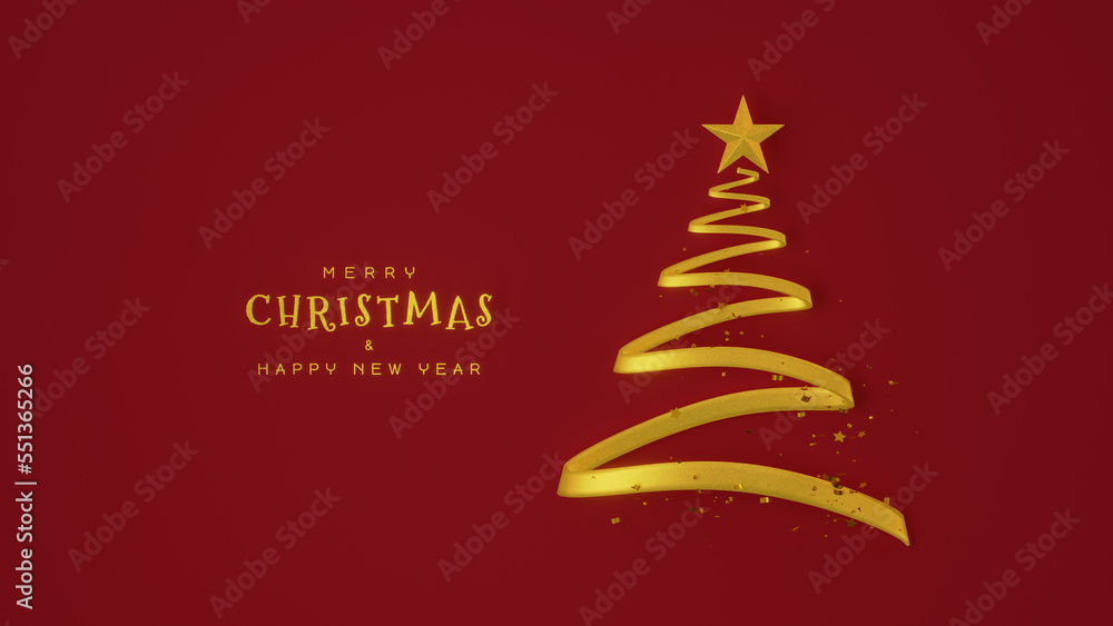 Xmas tree made of golden ribbon and glitter gold confetti with a golden star on a red background. Merry Christmas and Happy new year banner, poster and greeting cards. 3D rendering.
