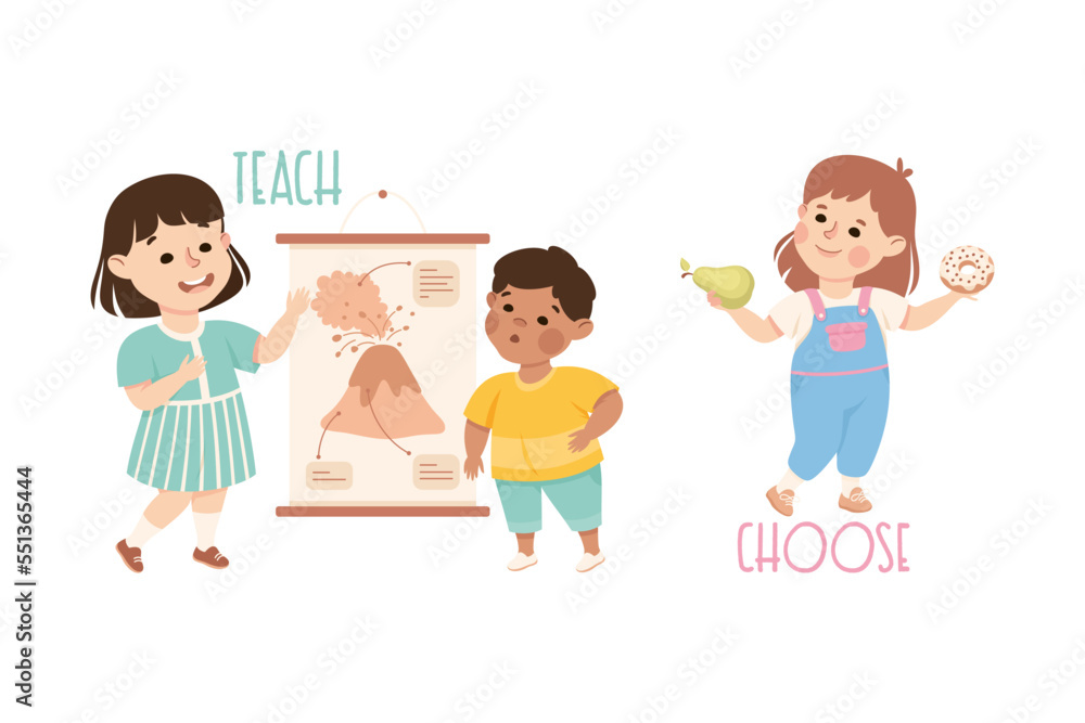 Little Boy and Girl Teaching and Choosing Demonstrating Vocabulary and Verb Vector Set Little Boy and Girl Teaching and Choosing Demonstrating Vocabulary and Verb Vector Set