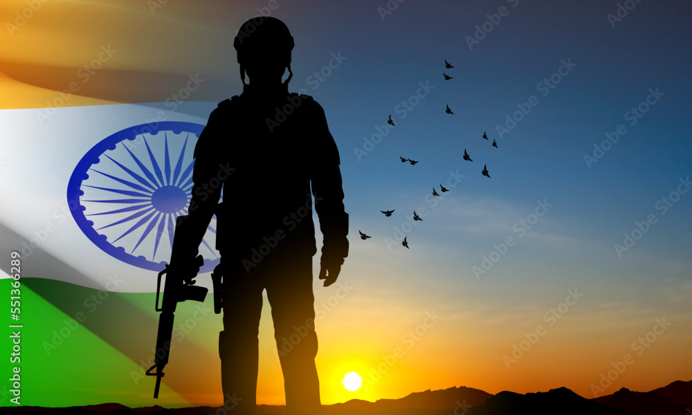 Silhouette of soldiers with India flag on a background the sunset or the sunrise Silhouette of soldiers with India flag on a background the sunset or the sunrise
